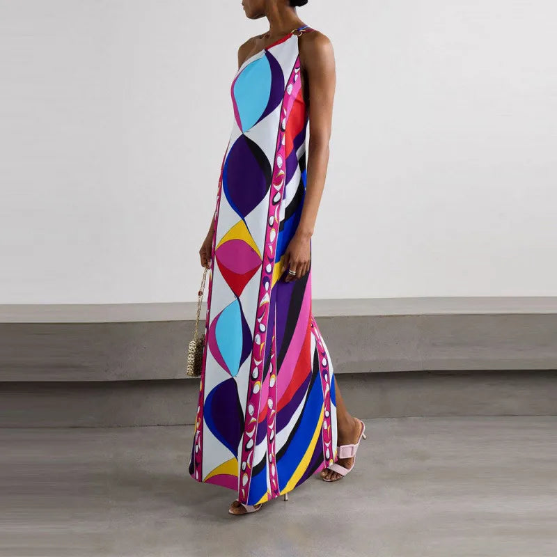 Vestido Maxi Geométrico de Un Hombro