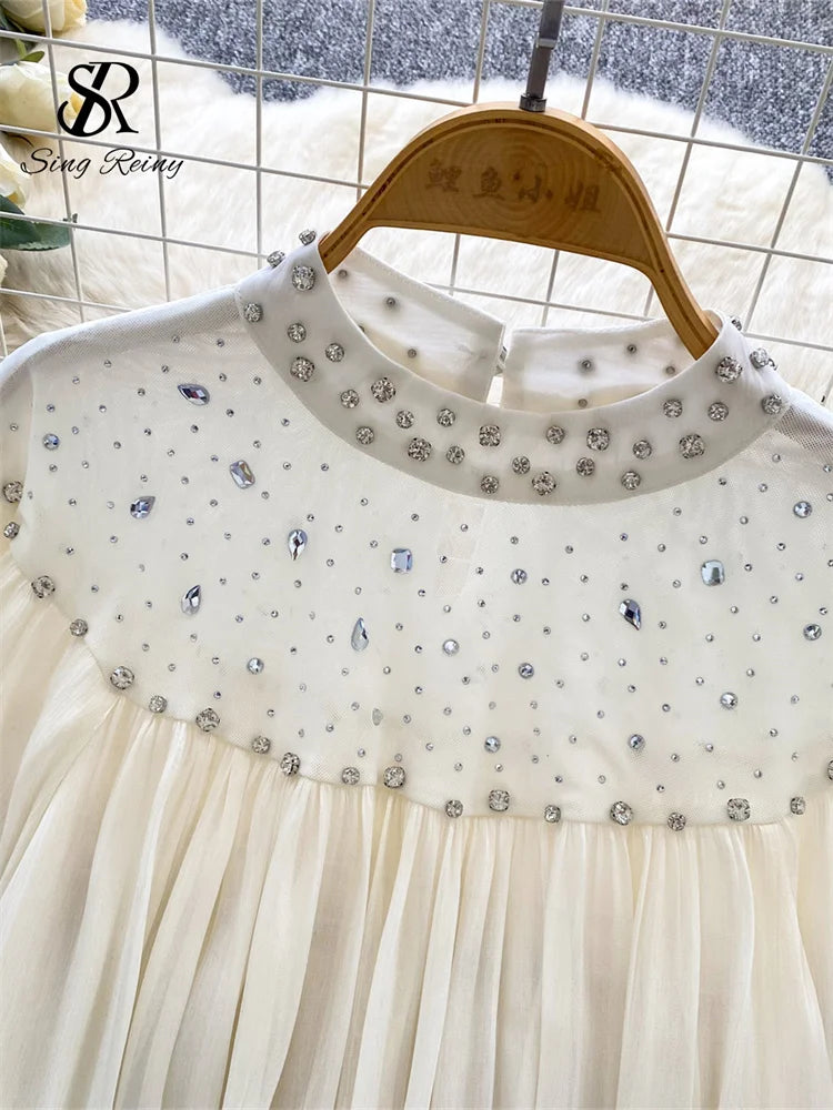 SINGREINY-Blusa de gasa con diamantes para mujer, camisa fina de corte francés con manga acampanada, Top de lujo Irregular plisado de alta calidad