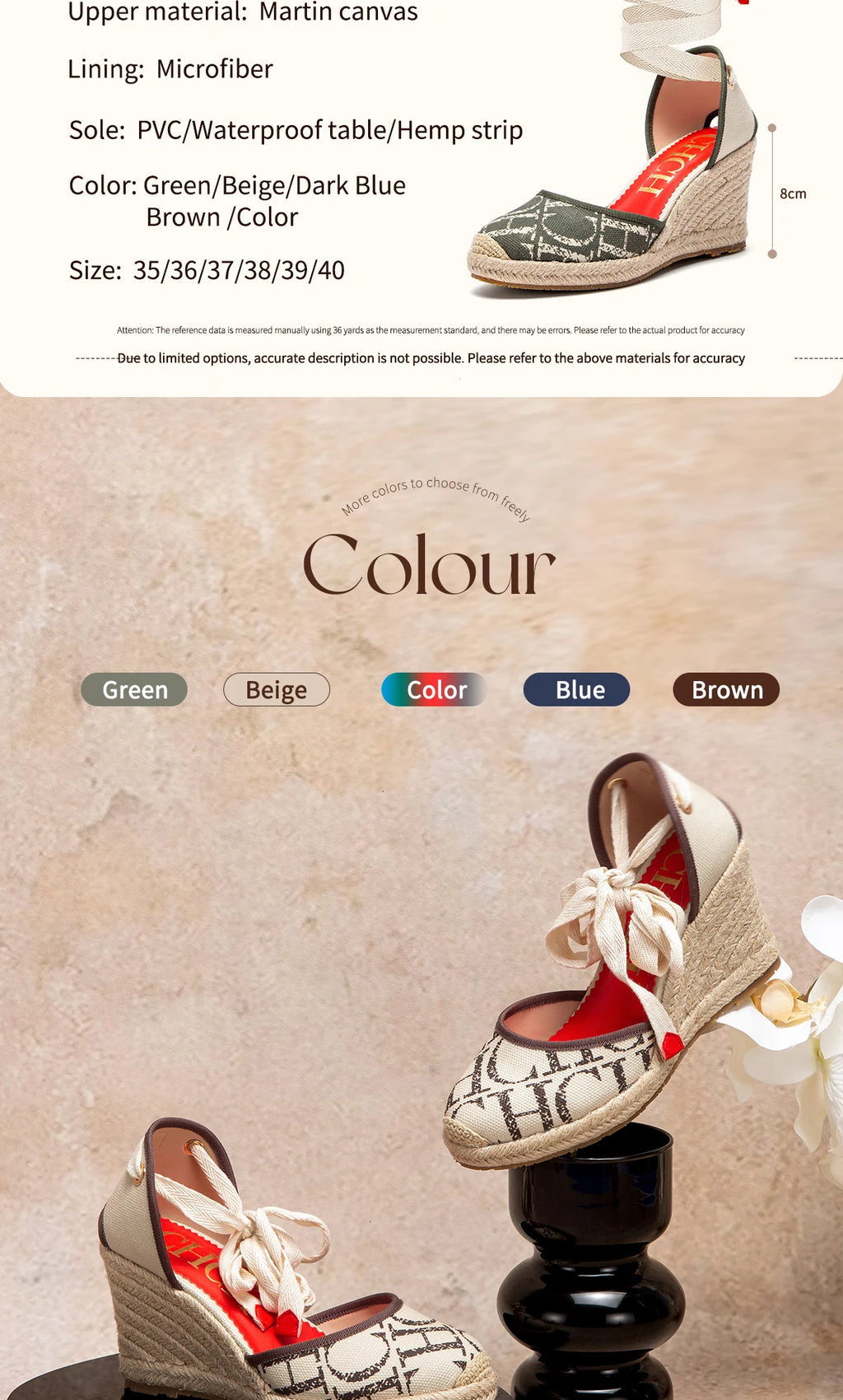 Tacones altos para mujer Verano Alpargata Plataforma Cuña 2025 Sandalias Punta cerrada Correa en el tobillo Con cordones Fiesta de vacaciones en la playa 8 cm