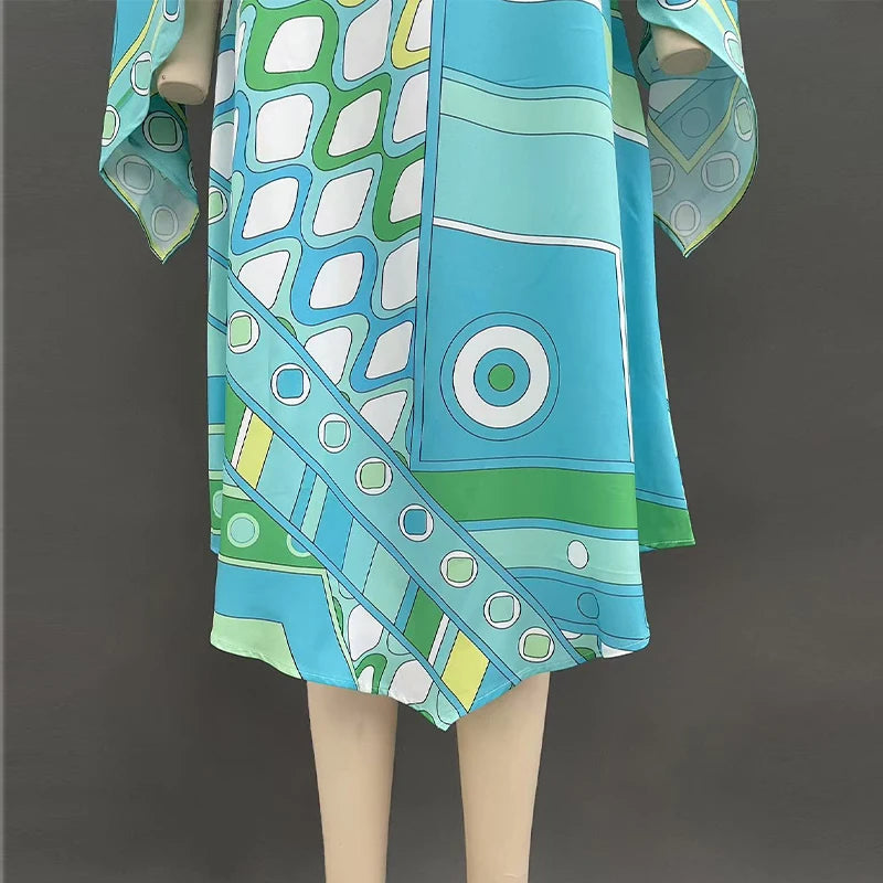 Vestido de Moda con Estampado Geométrico para Mujer, Cuello Alto, Manga Ancha con Botones, Vestidos de Vacaciones 2026, Vestido Holgado de Playa para Dama