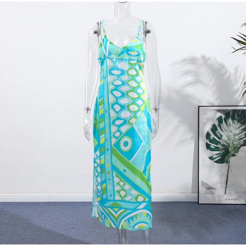 Vestido de Moda con Estampado Geométrico para Mujer, Cuello Alto, Manga Ancha con Botones, Vestidos de Vacaciones 2026, Vestido Holgado de Playa para Dama