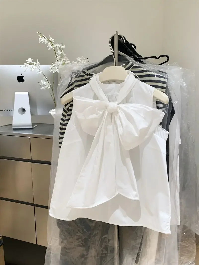 Blusa Blanca para Mujer 2026, Blusas Mujer con Lazo, Sin Mangas, Holgada, Camisas de Moda Dulce de Verano, Tops Femeninos
