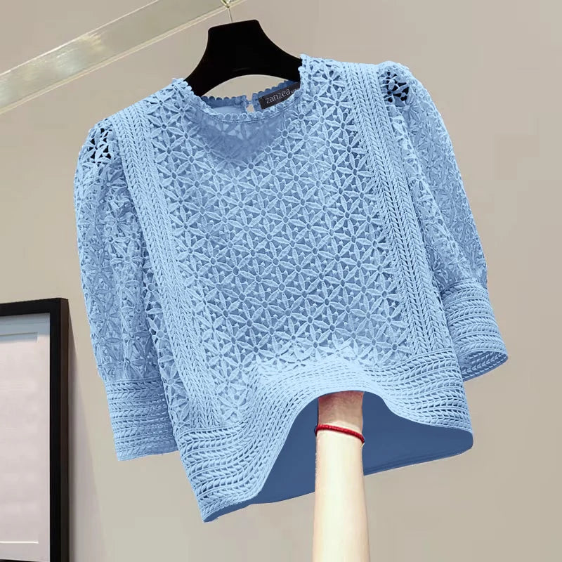 ZANZEA-Blusa elegante de encaje para mujer, camisas con mangas abullonadas, moda informal 2026, Tops tipo túnica de Color sólido con cuello redondo, Blusas de oficina 2026