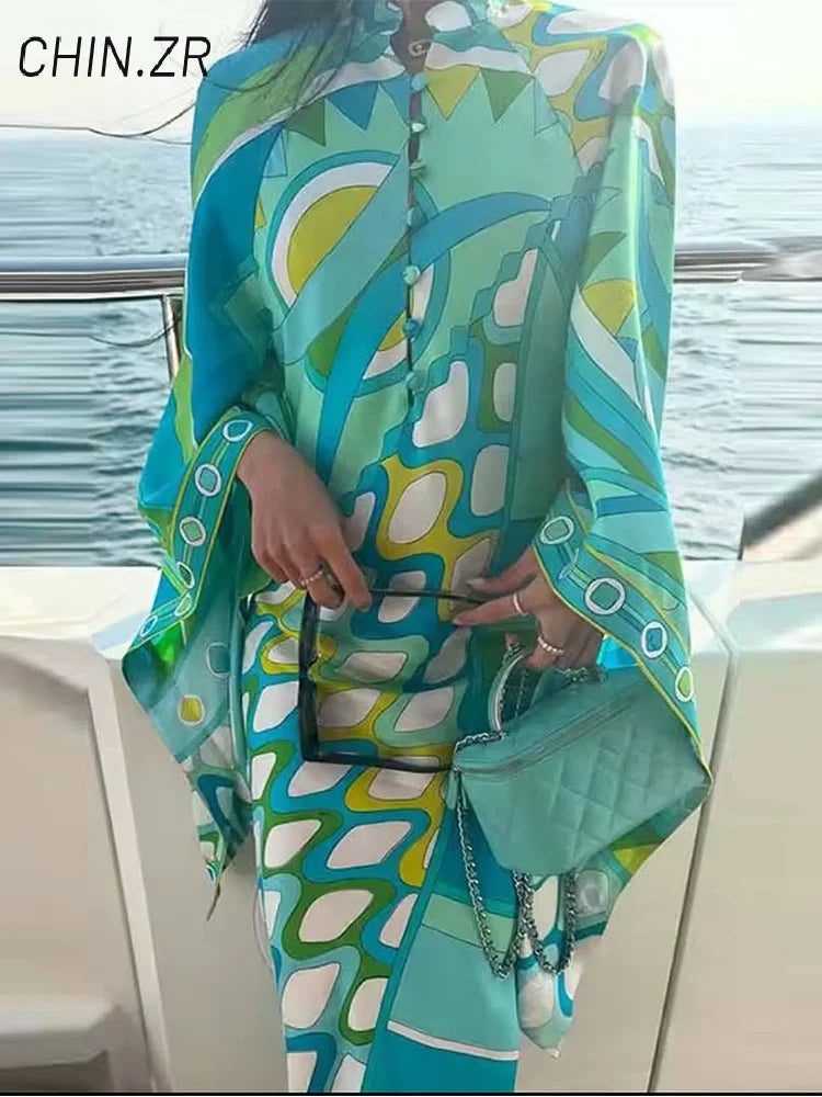 Vestido de Moda con Estampado Geométrico para Mujer, Cuello Alto, Manga Ancha con Botones, Vestidos de Vacaciones 2026, Vestido Holgado de Playa para Dama