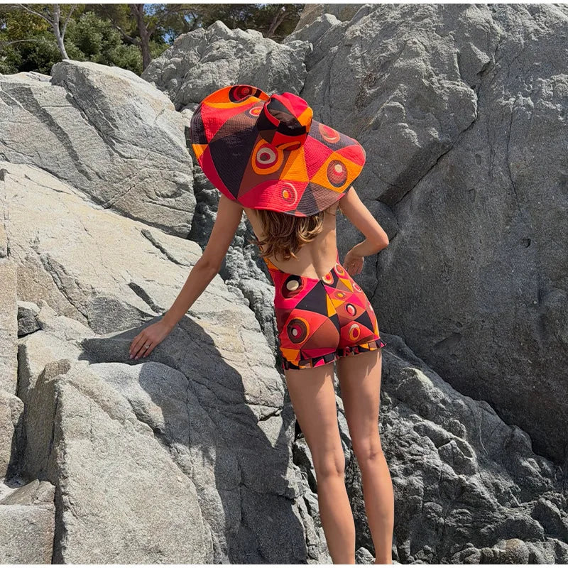 Vestido de Moda con Estampado Geométrico para Mujer, Cuello Alto, Manga Ancha con Botones, Vestidos de Vacaciones 2026, Vestido Holgado de Playa para Dama