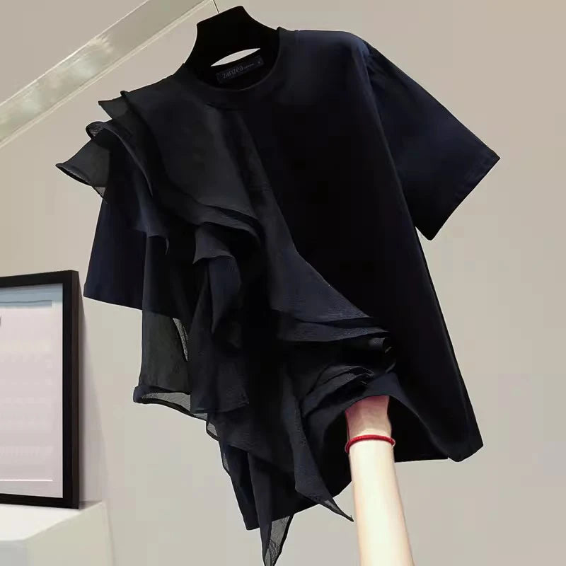 ZANZEA 2025 Blusa informal con costuras con volantes, Tops a la moda para vacaciones de verano, Tops con cuello redondo, túnicas de manga corta para mujer, Blusa holgada lisa para mujer