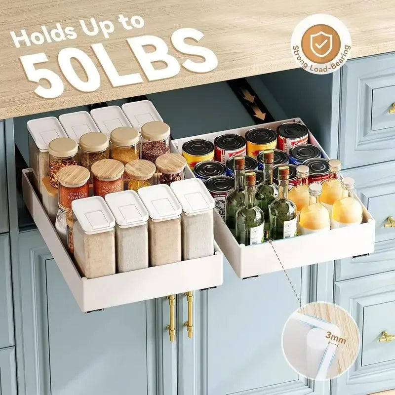 Organizador de cocina extraíble, estante de almacenamiento tipo cajonera, bandeja de almacenamiento con rieles deslizantes, organizador de armarios para despensa, 1-2 uds.