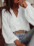 Blusas de mujer primavera y otoño nueva moda suelta Simple todo-fósforo encaje hueco cuello en V camisas de manga larga de una sola rota para mujer