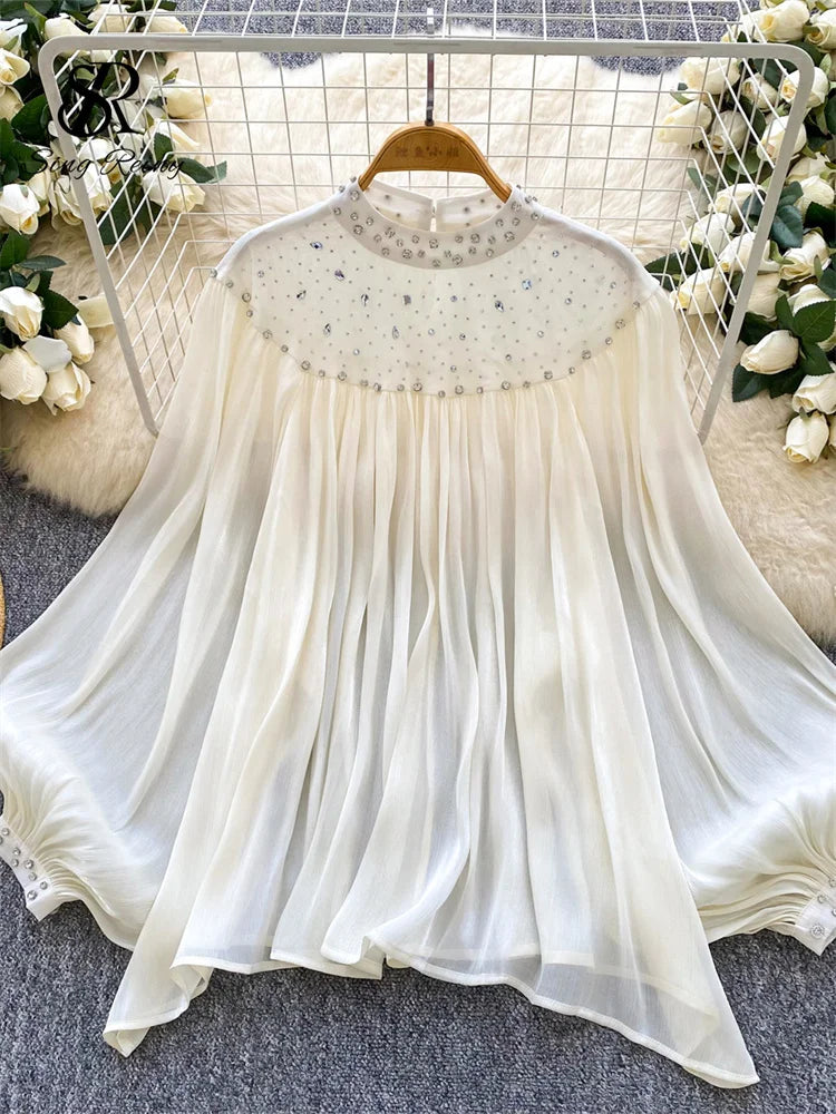 SINGREINY-Blusa de gasa con diamantes para mujer, camisa fina de corte francés con manga acampanada, Top de lujo Irregular plisado de alta calidad