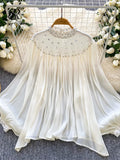SINGREINY-Blusa de gasa con diamantes para mujer, camisa fina de corte francés con manga acampanada, Top de lujo Irregular plisado de alta calidad