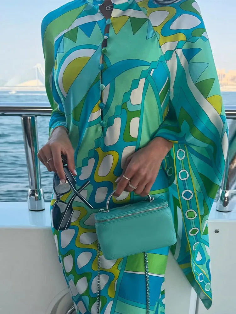 Vestido de Moda con Estampado Geométrico para Mujer, Cuello Alto, Manga Ancha con Botones, Vestidos de Vacaciones 2026, Vestido Holgado de Playa para Dama