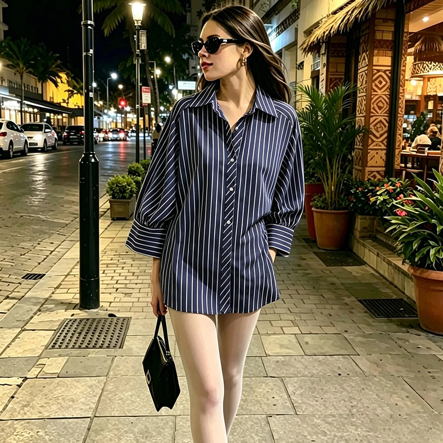 Camisa holgada a rayas para mujer, blusa informal de manga larga con cuello vuelto y botonadura sencilla, nuevas camisas de oficina de verano para mujer