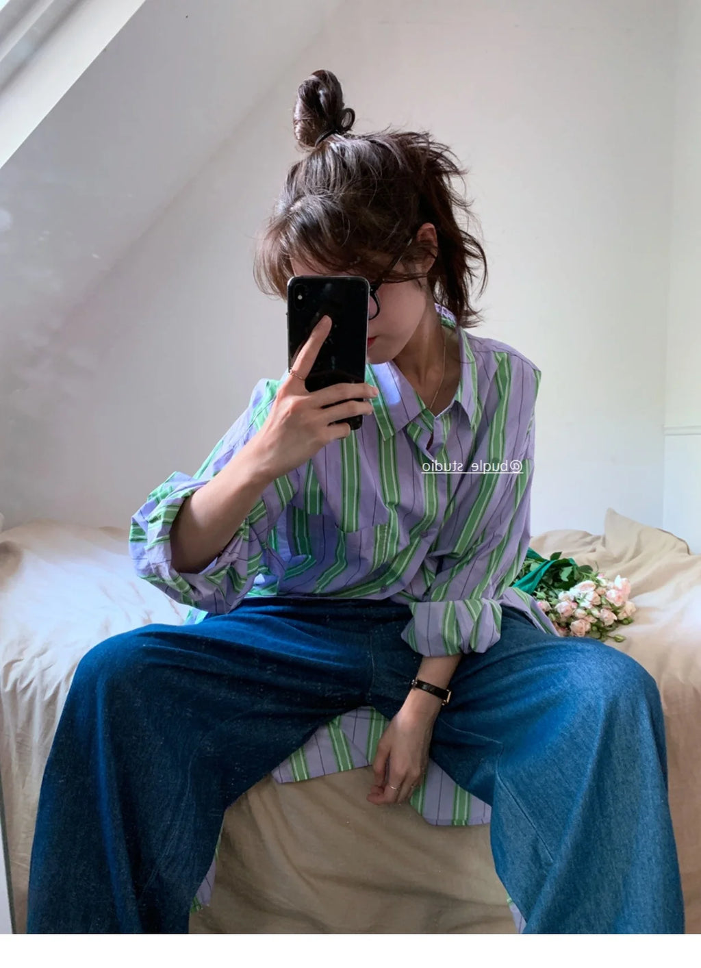 Csa Hoada de Manga Larga para Mujer, Estilo Clásico, Informal, con Rayas Vertics, Larga hasta la Rodilla, para Primav...
