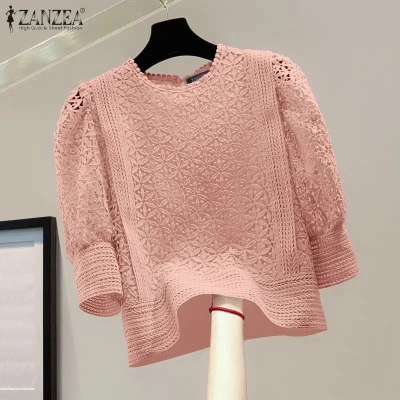 ZANZEA-Blusa elegante de encaje para mujer, camisas con mangas abullonadas, moda informal 2026, Tops tipo túnica de Color sólido con cuello redondo, Blusas de oficina 2026
