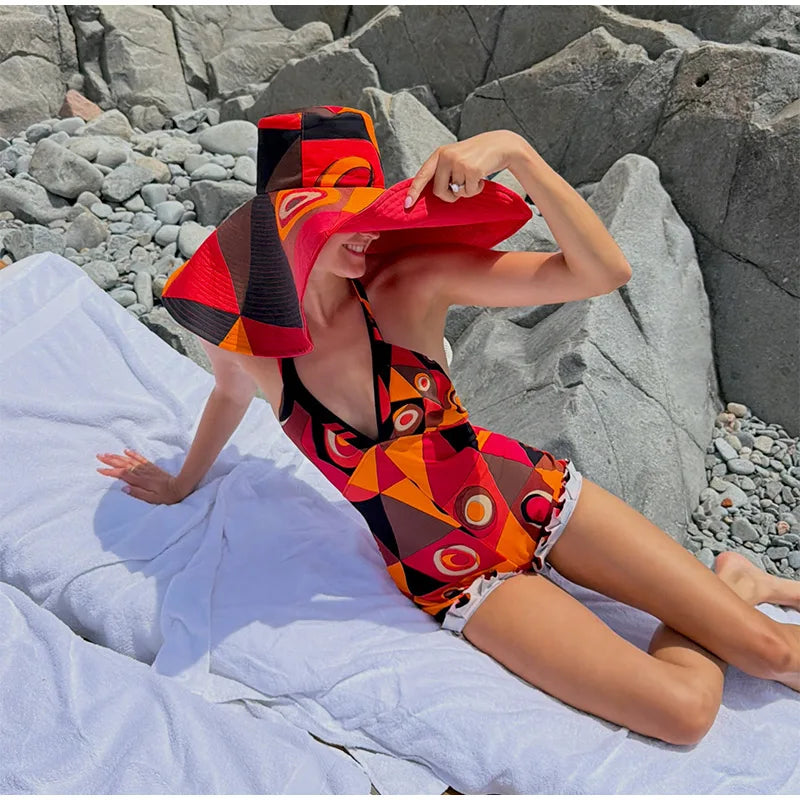 Vestido de Moda con Estampado Geométrico para Mujer, Cuello Alto, Manga Ancha con Botones, Vestidos de Vacaciones 2026, Vestido Holgado de Playa para Dama
