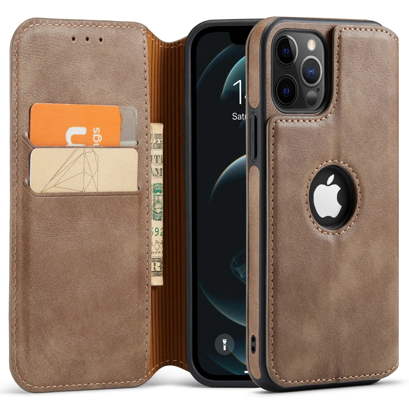 Funda de cuero para iPhone 16 15 14 13 12 11 Pro Max XS XR funda tipo billetera [bloqueo RFID] funda con tapa magnética delgada con tarjetero