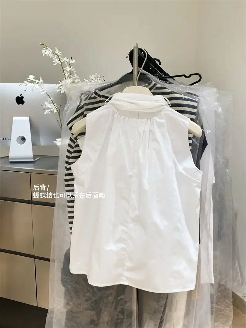 Blusa Blanca para Mujer 2026, Blusas Mujer con Lazo, Sin Mangas, Holgada, Camisas de Moda Dulce de Verano, Tops Femeninos