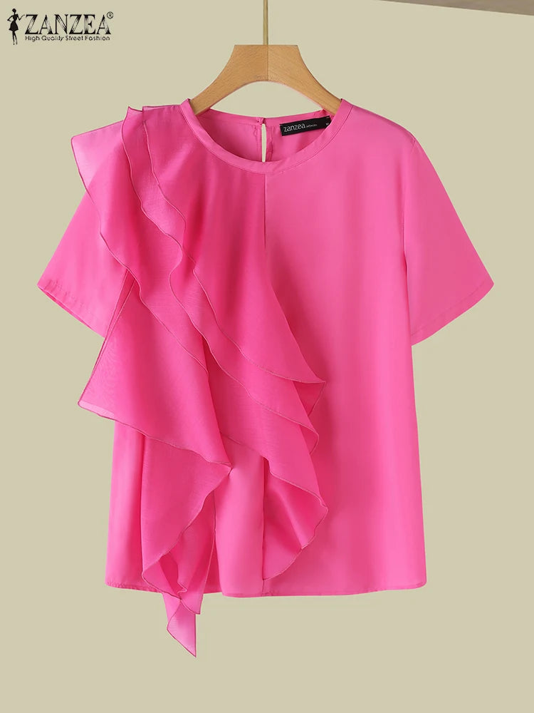 ZANZEA 2025 Blusa informal con costuras con volantes, Tops a la moda para vacaciones de verano, Tops con cuello redondo, túnicas de manga corta para mujer, Blusa holgada lisa para mujer
