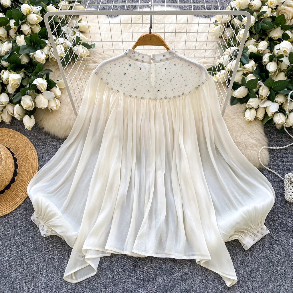 SINGREINY-Blusa de gasa con diamantes para mujer, camisa fina de corte francés con manga acampanada, Top de lujo Irregular plisado de alta calidad