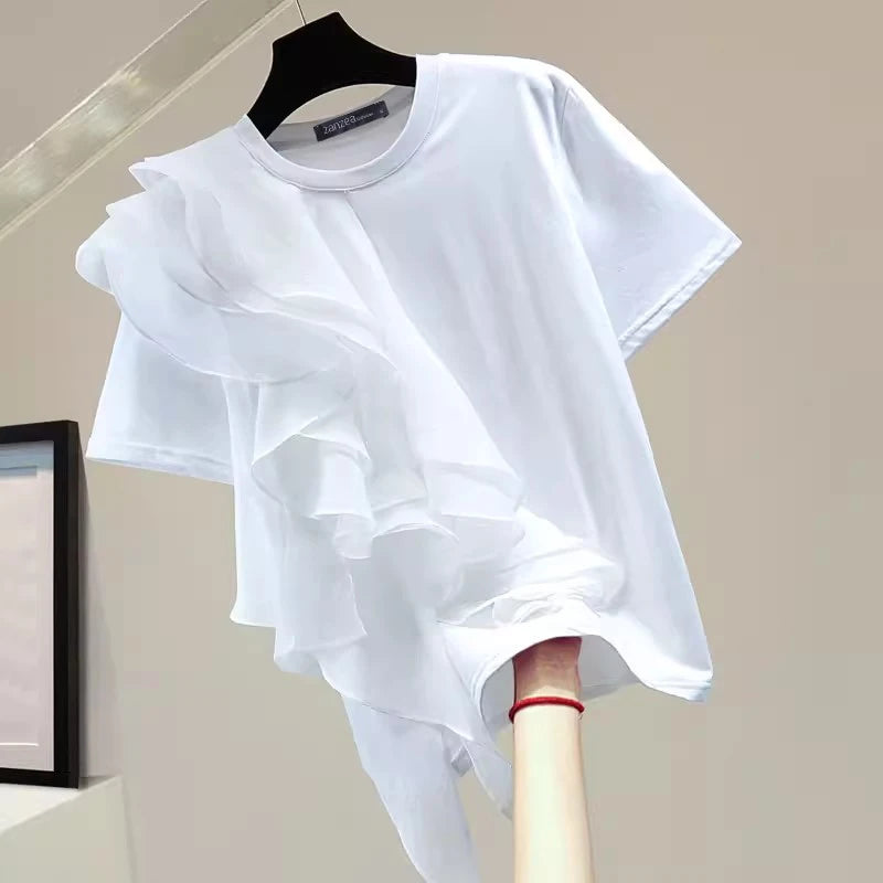 ZANZEA 2025 Blusa informal con costuras con volantes, Tops a la moda para vacaciones de verano, Tops con cuello redondo, túnicas de manga corta para mujer, Blusa holgada lisa para mujer