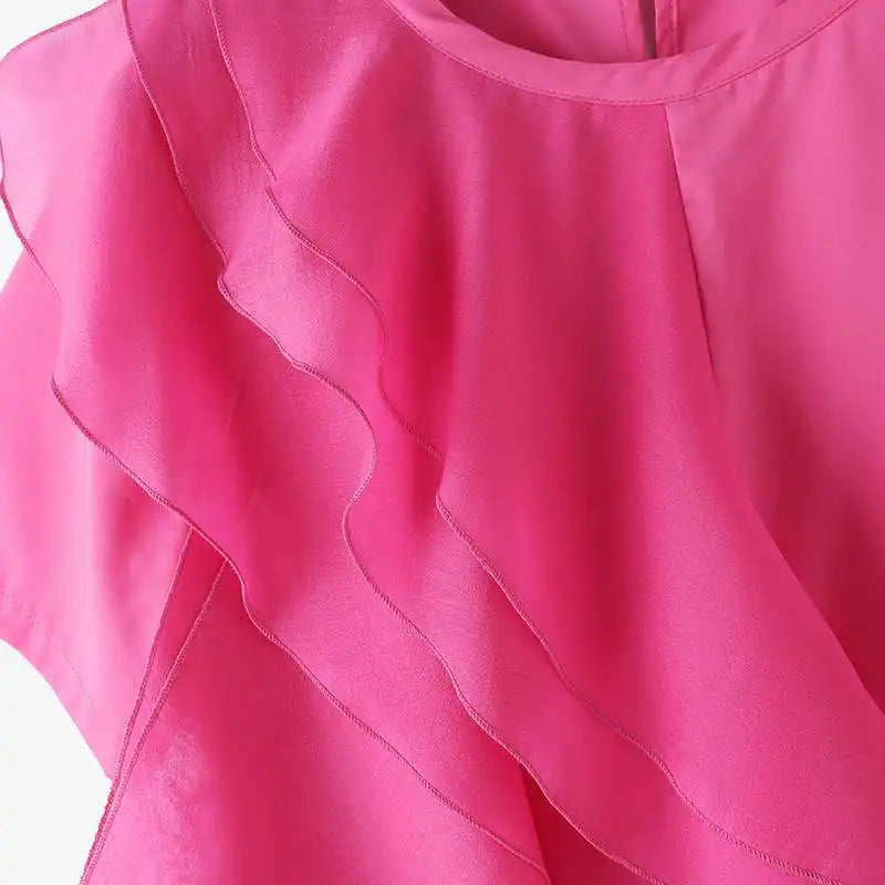ZANZEA 2025 Blusa informal con costuras con volantes, Tops a la moda para vacaciones de verano, Tops con cuello redondo, túnicas de manga corta para mujer, Blusa holgada lisa para mujer