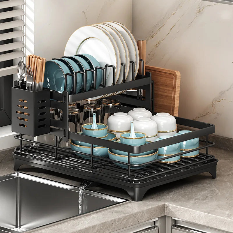 Escurridor de Platos Ajustable de Acero Inoxidable con Bandeja de Drenaje - Organizador de Platos Sobre el Fregadero, Almacenamiento y Escurridor de Cocina