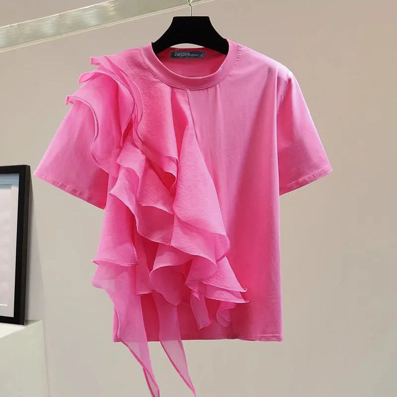 ZANZEA 2025 Blusa informal con costuras con volantes, Tops a la moda para vacaciones de verano, Tops con cuello redondo, túnicas de manga corta para mujer, Blusa holgada lisa para mujer