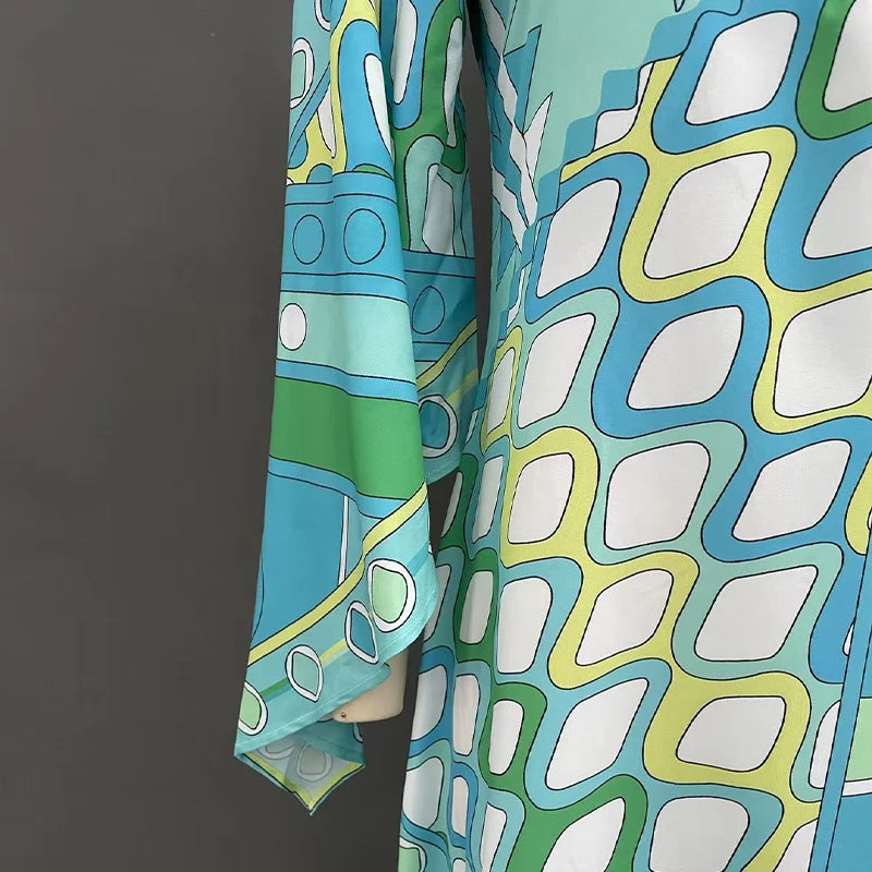 Vestido de Moda con Estampado Geométrico para Mujer, Cuello Alto, Manga Ancha con Botones, Vestidos de Vacaciones 2026, Vestido Holgado de Playa para Dama