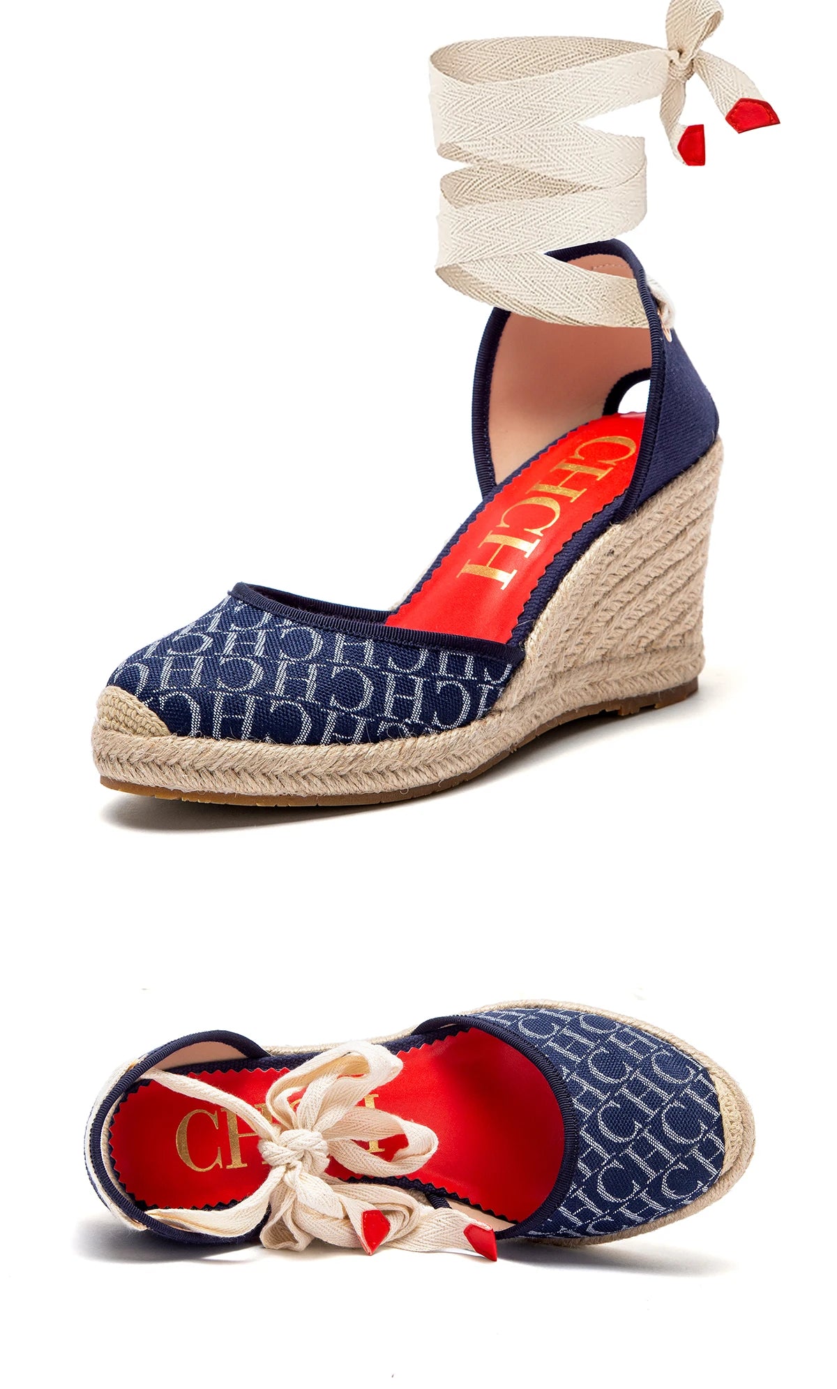 Tacones altos para mujer Verano Alpargata Plataforma Cuña 2025 Sandalias Punta cerrada Correa en el tobillo Con cordones Fiesta de vacaciones en la playa 8 cm