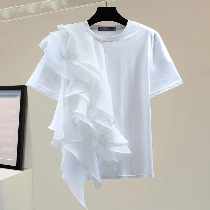 ZANZEA 2025 Blusa informal con costuras con volantes, Tops a la moda para vacaciones de verano, Tops con cuello redondo, túnicas de manga corta para mujer, Blusa holgada lisa para mujer