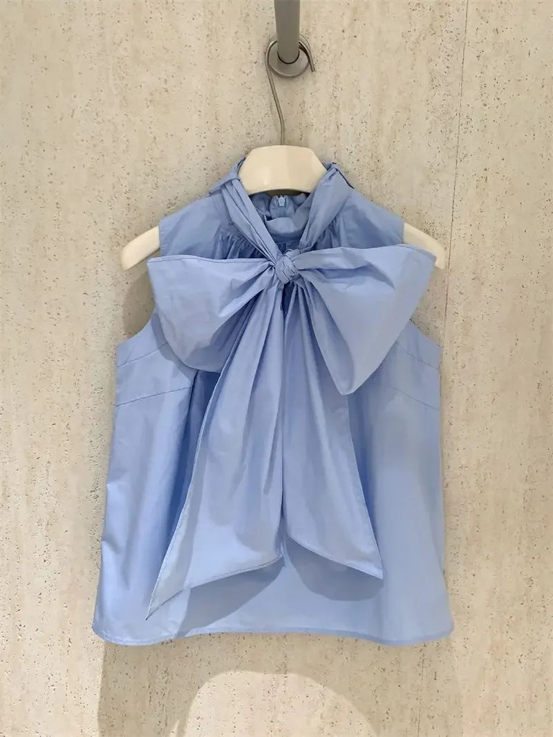 Blusa Blanca para Mujer 2026, Blusas Mujer con Lazo, Sin Mangas, Holgada, Camisas de Moda Dulce de Verano, Tops Femeninos