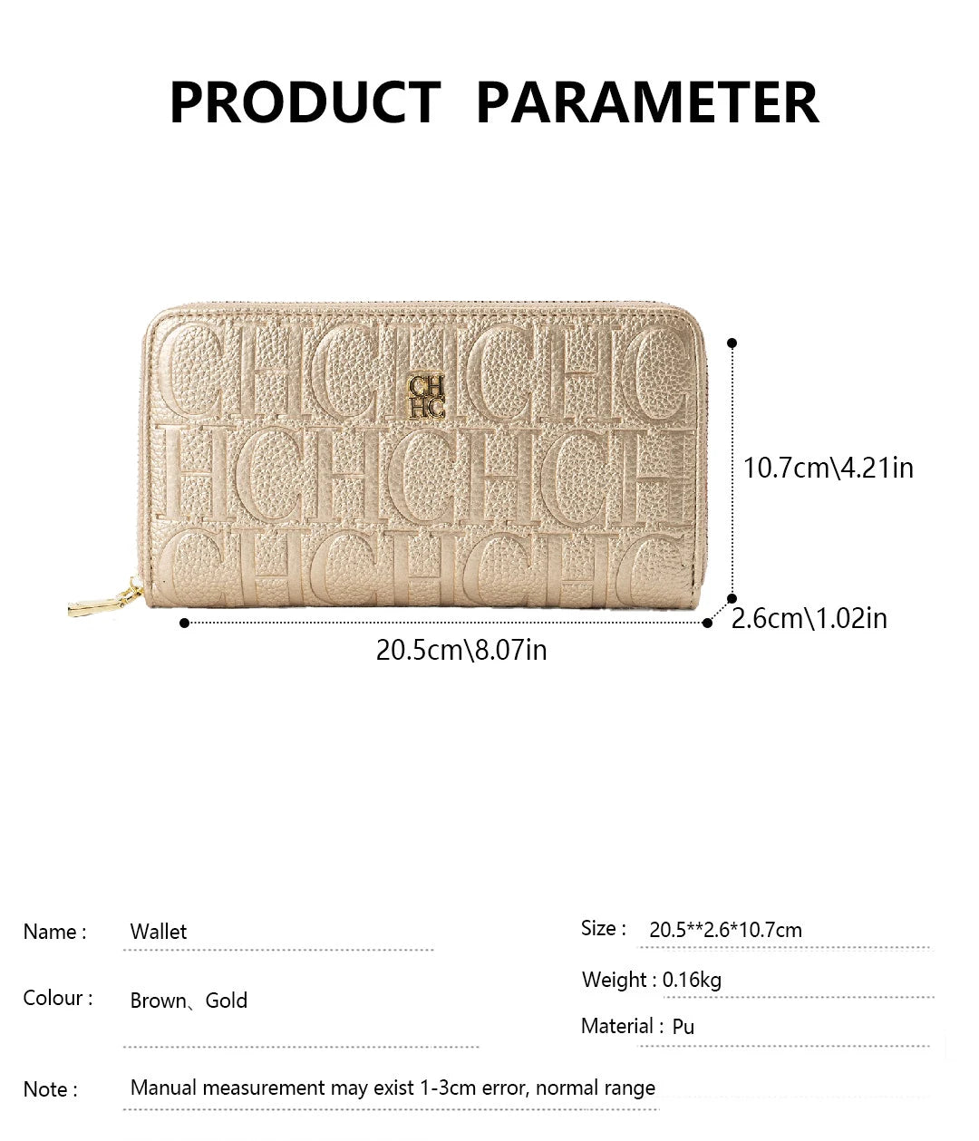 Cartera larga de diseñador CH para mujer, monedero con cremallera en relieve, múltiples ranuras para tarjetas, gran capacidad, perfecta para el viaje diario