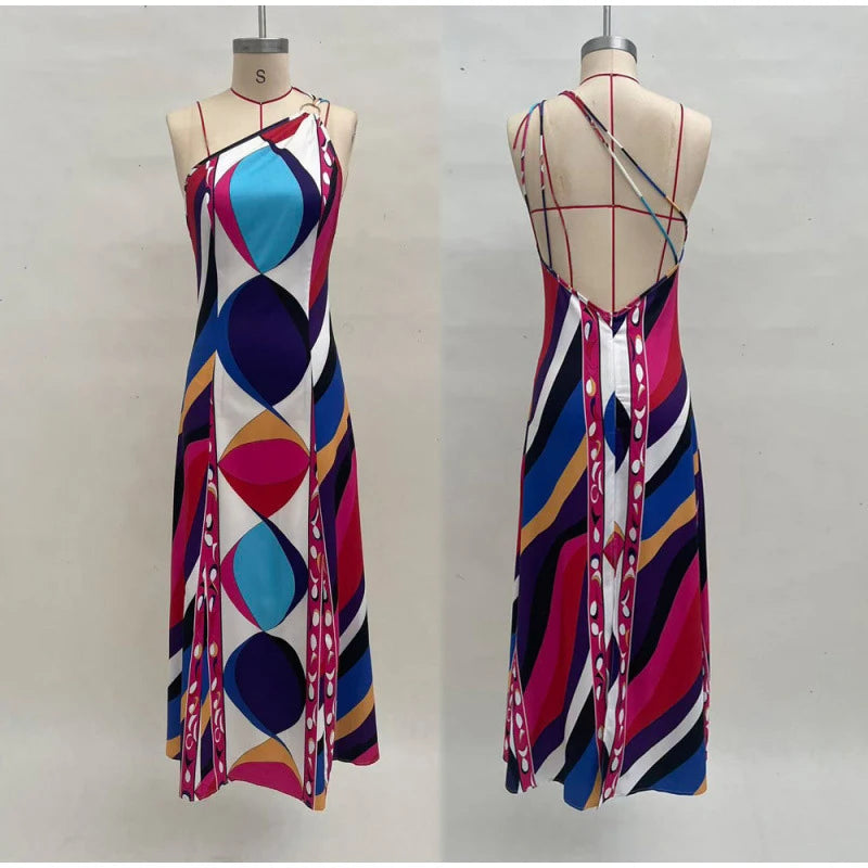 Vestido de Moda con Estampado Geométrico para Mujer, Cuello Alto, Manga Ancha con Botones, Vestidos de Vacaciones 2026, Vestido Holgado de Playa para Dama