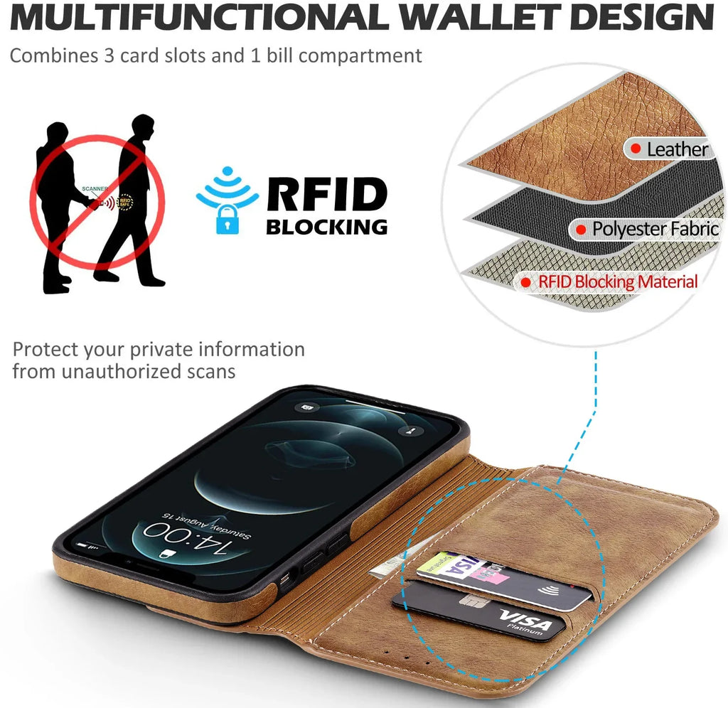 Funda de cuero para iPhone 16 15 14 13 12 11 Pro Max XS XR funda tipo billetera [bloqueo RFID] funda con tapa magnética delgada con tarjetero
