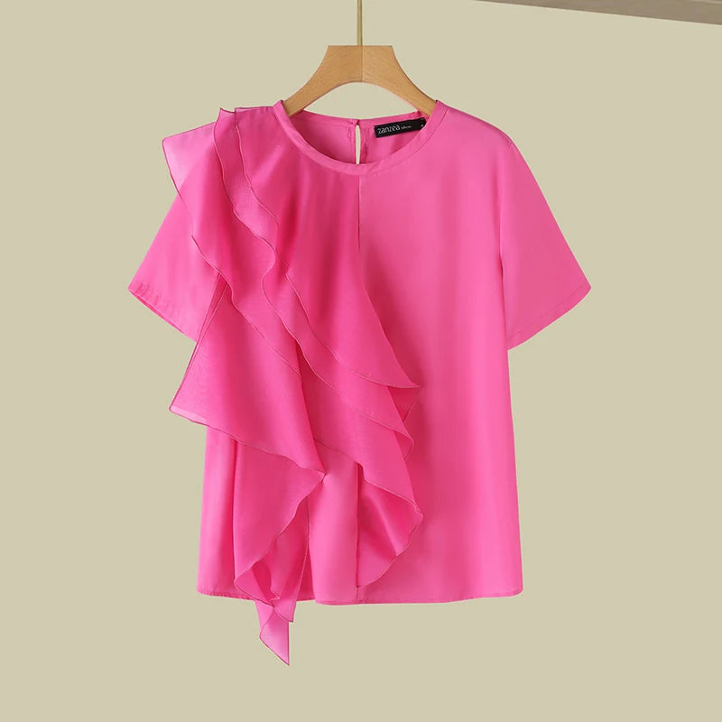 ZANZEA 2025 Blusa informal con costuras con volantes, Tops a la moda para vacaciones de verano, Tops con cuello redondo, túnicas de manga corta para mujer, Blusa holgada lisa para mujer