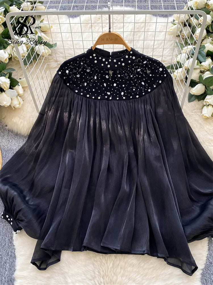 SINGREINY-Blusa de gasa con diamantes para mujer, camisa fina de corte francés con manga acampanada, Top de lujo Irregular plisado de alta calidad