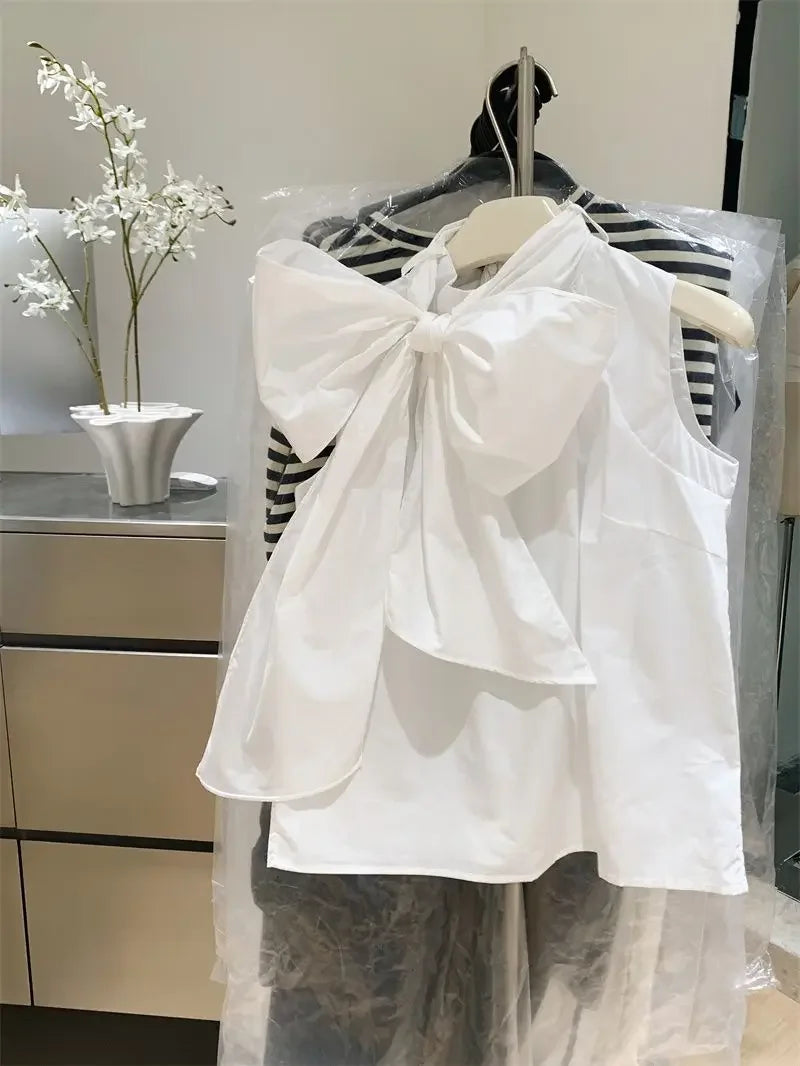 Blusa Blanca para Mujer 2026, Blusas Mujer con Lazo, Sin Mangas, Holgada, Camisas de Moda Dulce de Verano, Tops Femeninos
