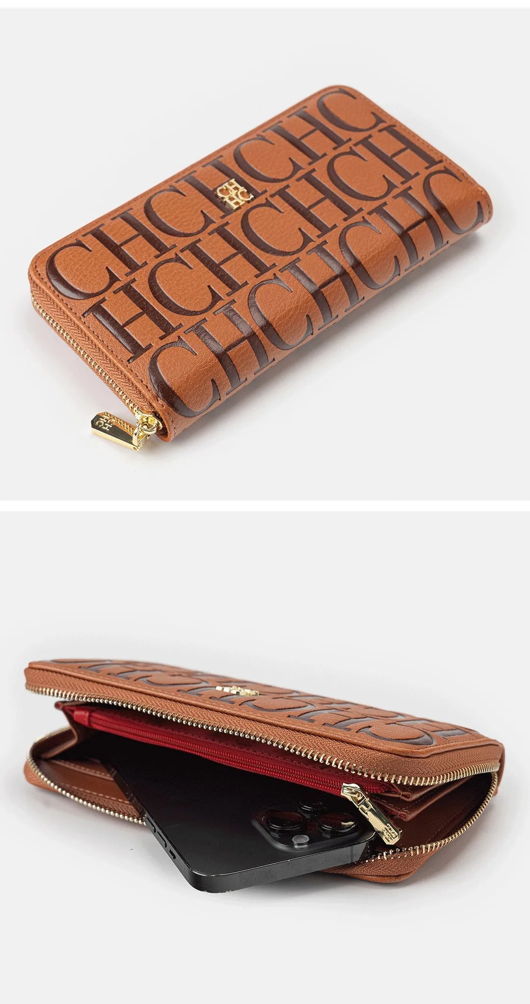 Cartera larga de diseñador CH para mujer, monedero con cremallera en relieve, múltiples ranuras para tarjetas, gran capacidad, perfecta para el viaje diario