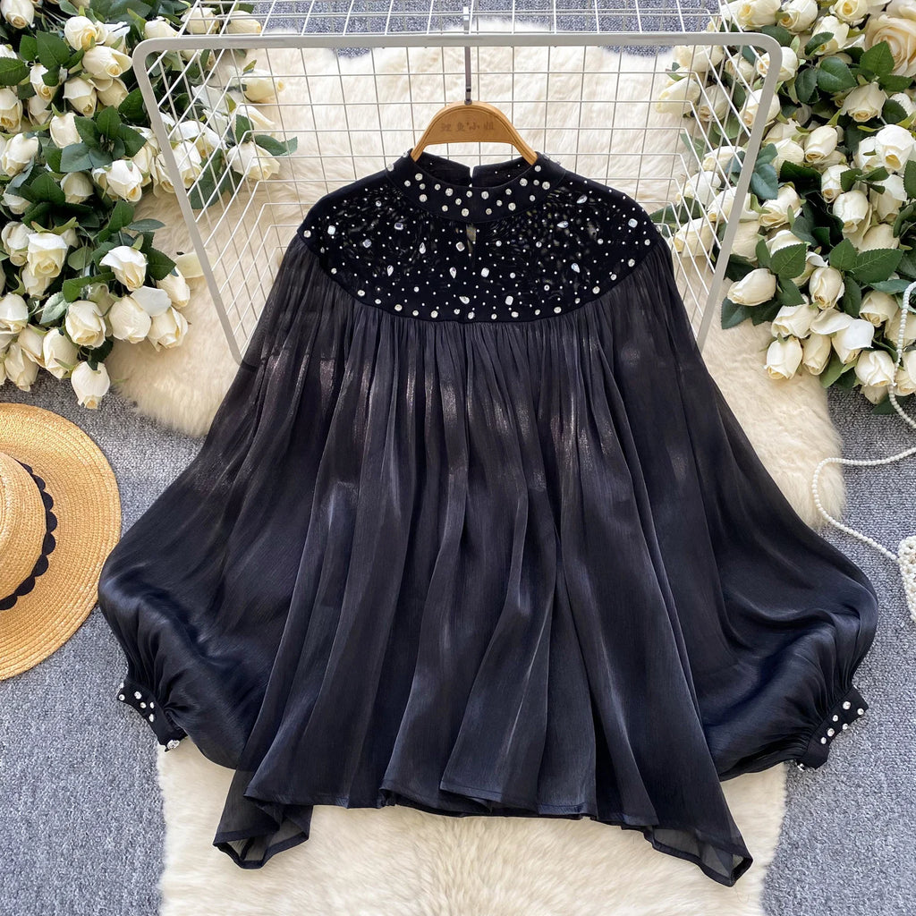 SINGREINY-Blusa de gasa con diamantes para mujer, camisa fina de corte francés con manga acampanada, Top de lujo Irregular plisado de alta calidad
