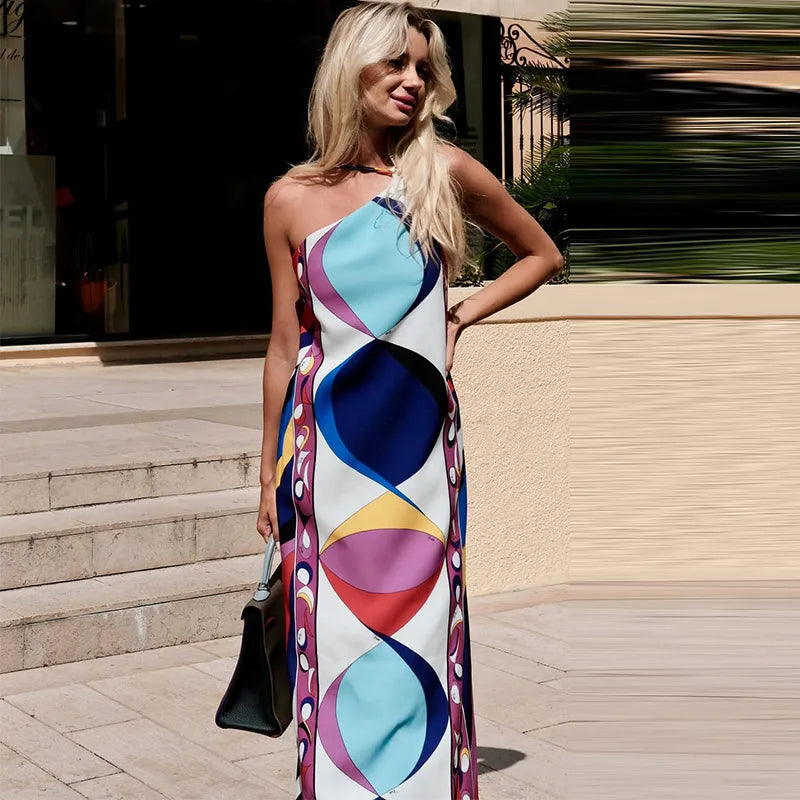 Vestido de Moda con Estampado Geométrico para Mujer, Cuello Alto, Manga Ancha con Botones, Vestidos de Vacaciones 2026, Vestido Holgado de Playa para Dama