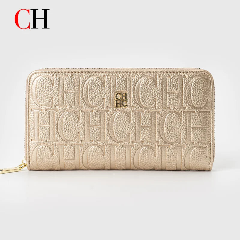 Cartera larga de diseñador CH para mujer, monedero con cremallera en relieve, múltiples ranuras para tarjetas, gran capacidad, perfecta para el viaje diario