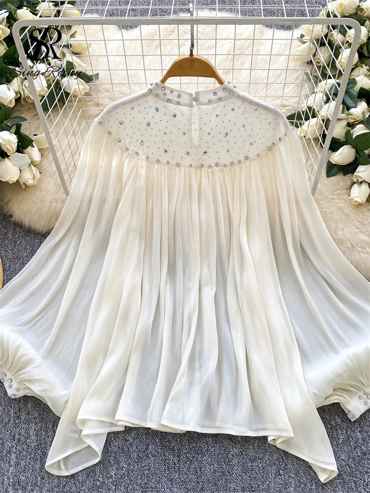 SINGREINY-Blusa de gasa con diamantes para mujer, camisa fina de corte francés con manga acampanada, Top de lujo Irregular plisado de alta calidad