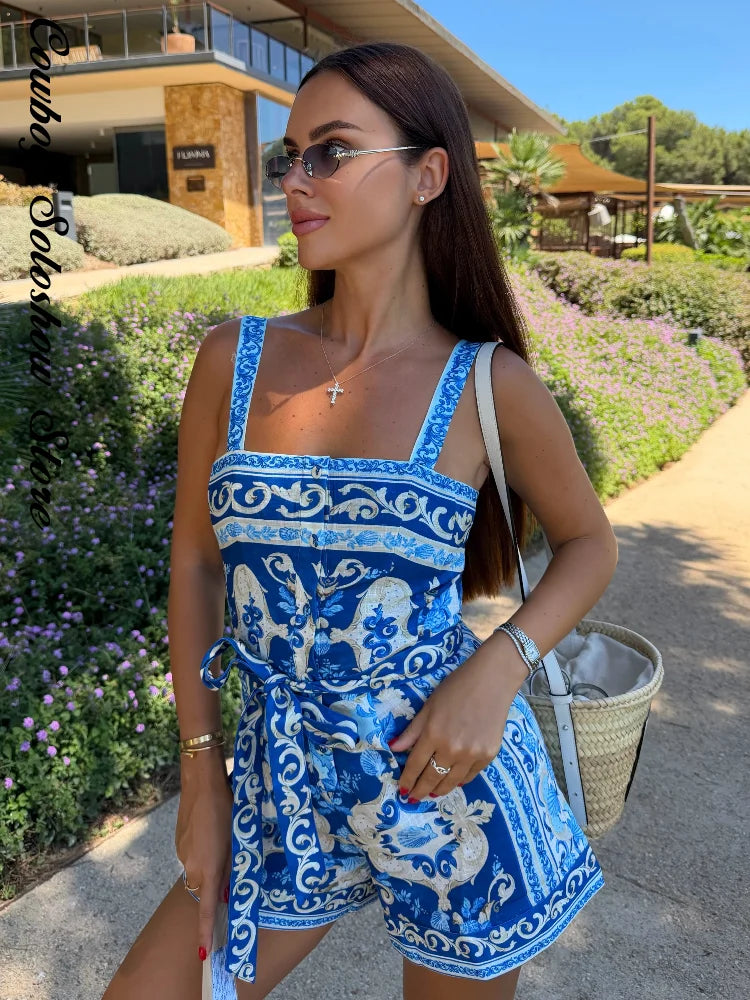 Mono corto vintage estampado para mujer, con cuello cuadrado, sin mangas, con cordones en la cintura, ropa de playa informal nueva