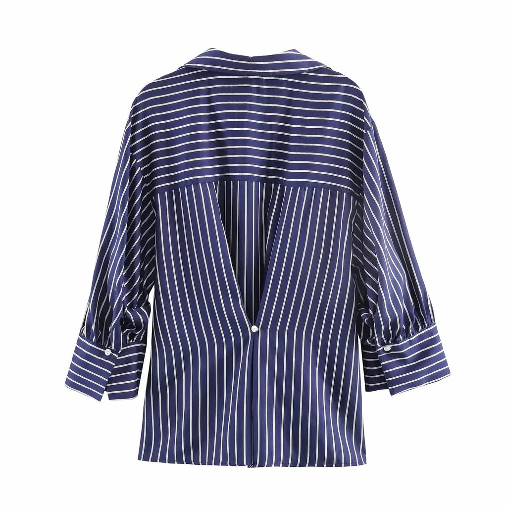 Camisa holgada a rayas para mujer, blusa informal de manga larga con cuello vuelto y botonadura sencilla, nuevas camisas de oficina de verano para mujer