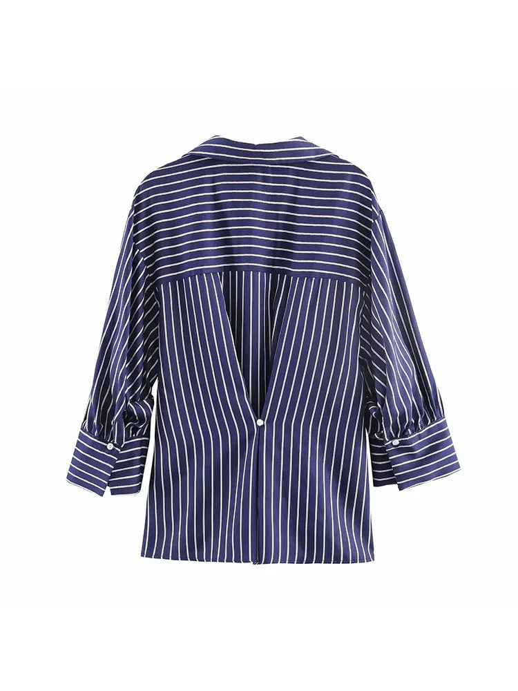 Camisa holgada a rayas para mujer, blusa informal de manga larga con cuello vuelto y botonadura sencilla, nuevas camisas de oficina de verano para mujer