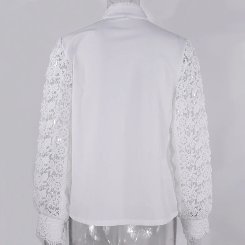 Blusa de encaje bordado para mujer, camisa informal de manga larga con cuello levantado, Color liso, elegante, para oficina, Primavera, 2021