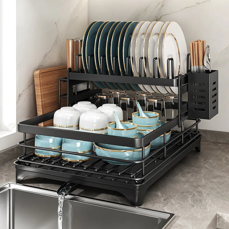 Escurridor de Platos Ajustable de Acero Inoxidable con Bandeja de Drenaje - Organizador de Platos Sobre el Fregadero, Almacenamiento y Escurridor de Cocina