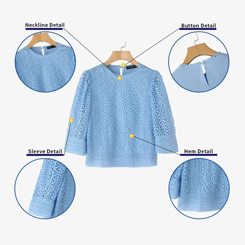ZANZEA-Blusa elegante de encaje para mujer, camisas con mangas abullonadas, moda informal 2026, Tops tipo túnica de Color sólido con cuello redondo, Blusas de oficina 2026