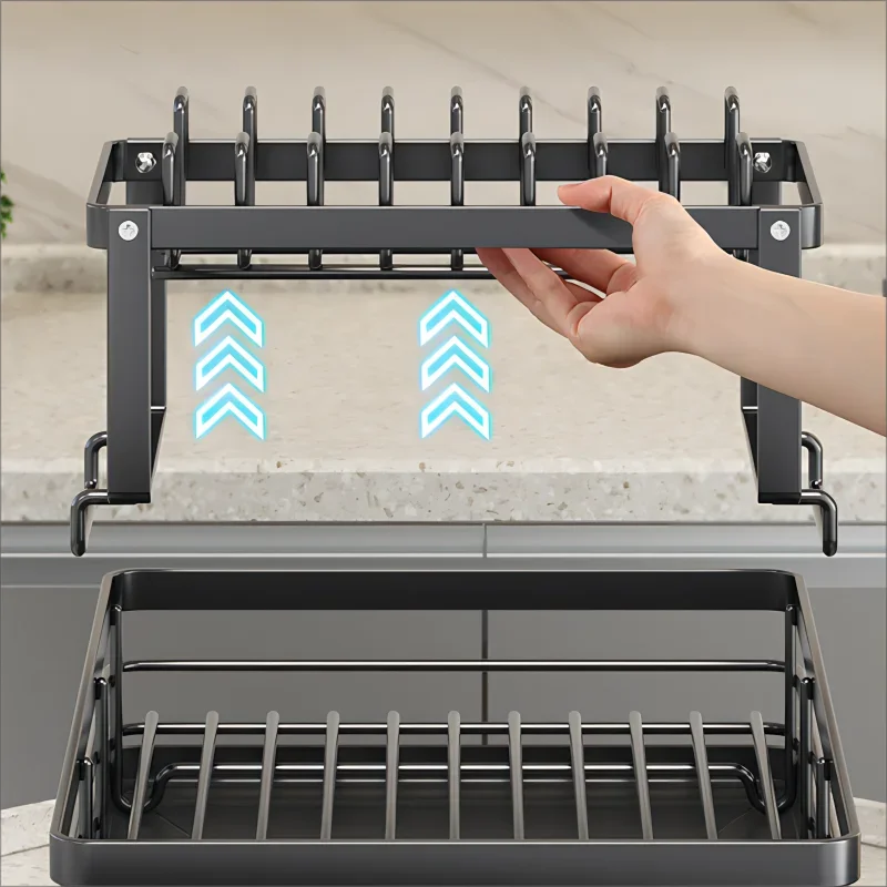 Escurridor de Platos Ajustable de Acero Inoxidable con Bandeja de Drenaje - Organizador de Platos Sobre el Fregadero, Almacenamiento y Escurridor de Cocina