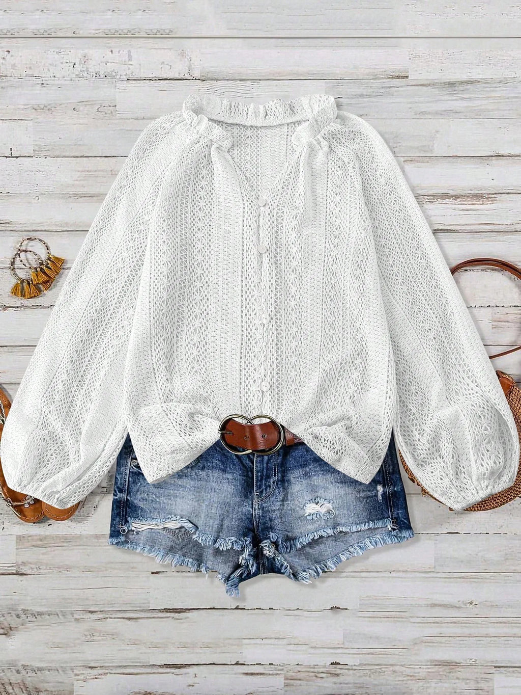 Blusas de mujer primavera y otoño nueva moda suelta Simple todo-fósforo encaje hueco cuello en V camisas de manga larga de una sola rota para mujer